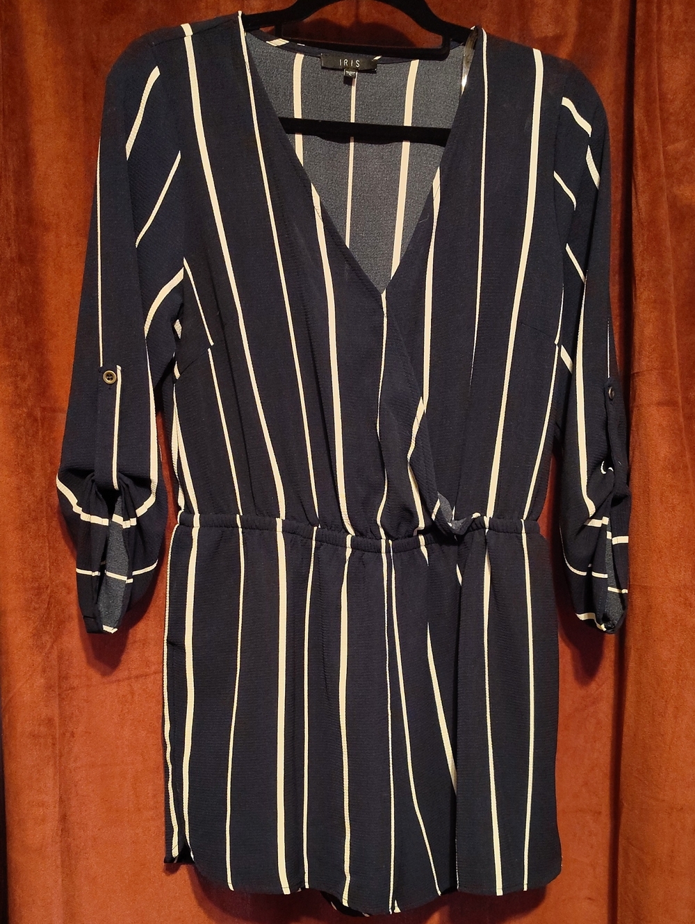 Iris Navy and White Vertical Stripe 3/4 -Sleeve Romper